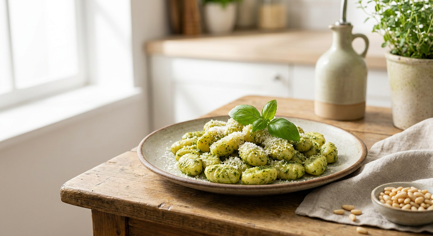 Friss házi gnocchi bazsalikom pestóval és parmezán sajttal tálalva