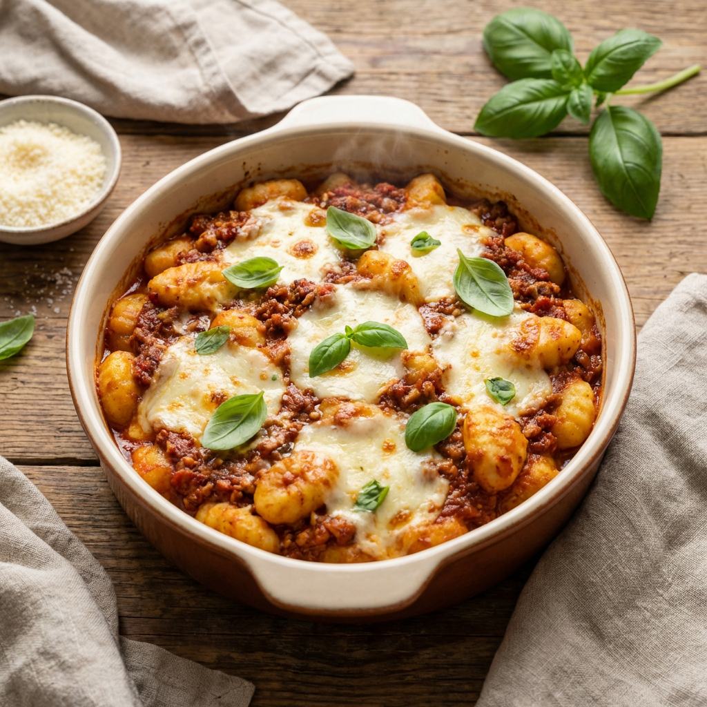 Sült paradicsomos gnocchi mozzarellával és parmezán sajttal