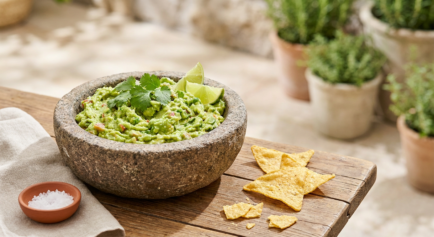 Frissen készített krémes guacamole avokádókrém kőtálban, lime szeletekkel és tortilla chipsszel