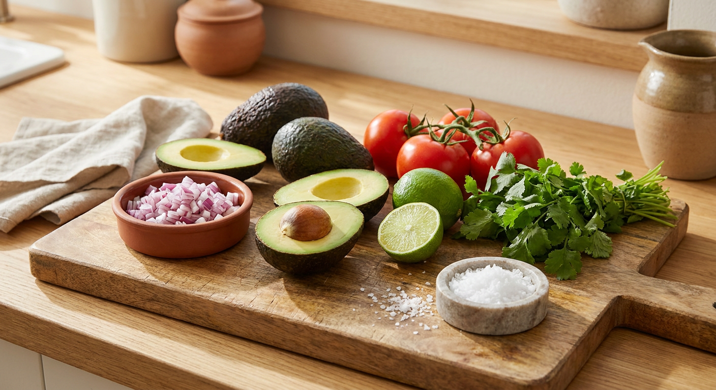 Guacamole hozzávalói vágódeszkán: avokádó, lilahagyma, paradicsom, lime és koriander