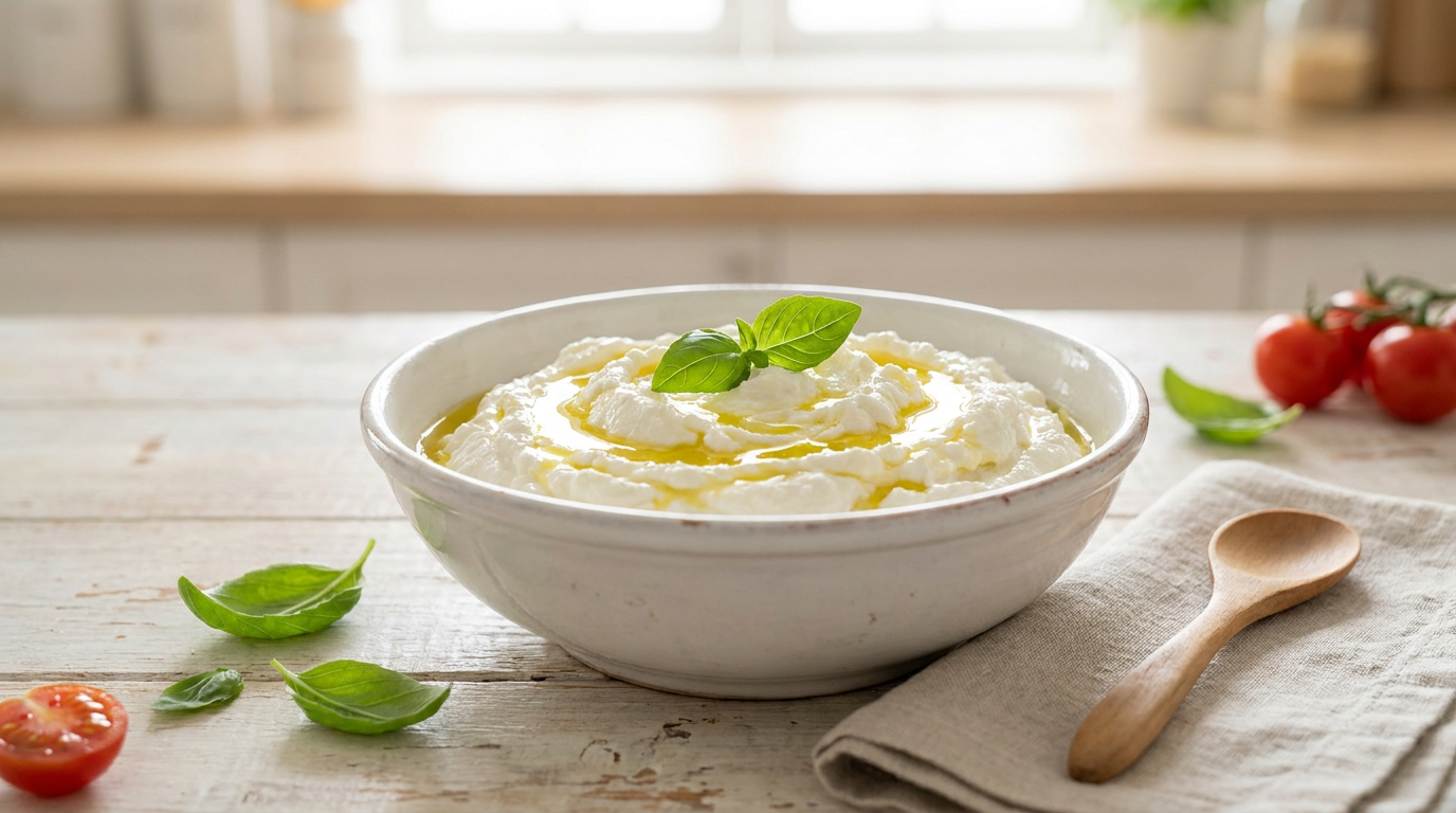 Friss krémes ricotta sajt fa asztalon bazsalikommal