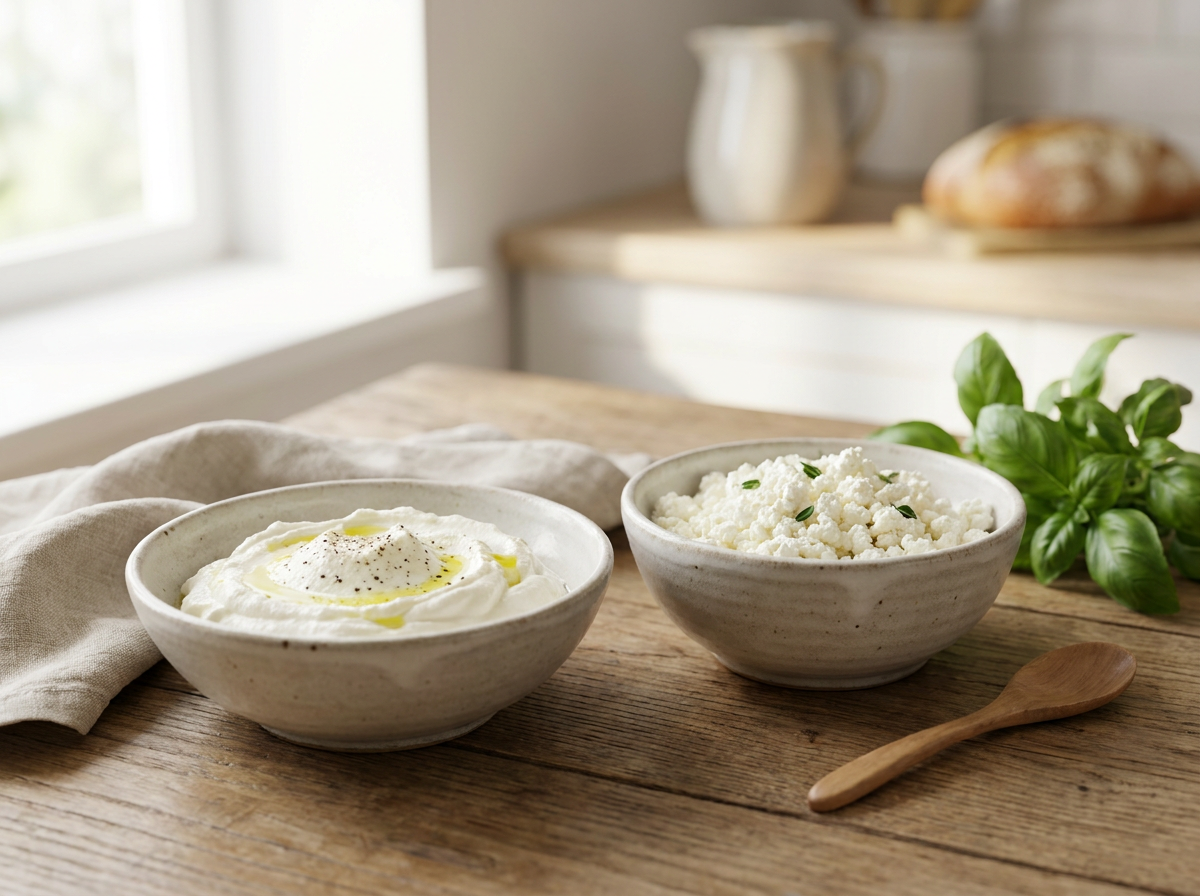 Sima ricotta és rögös túró egymás mellett tálkákban