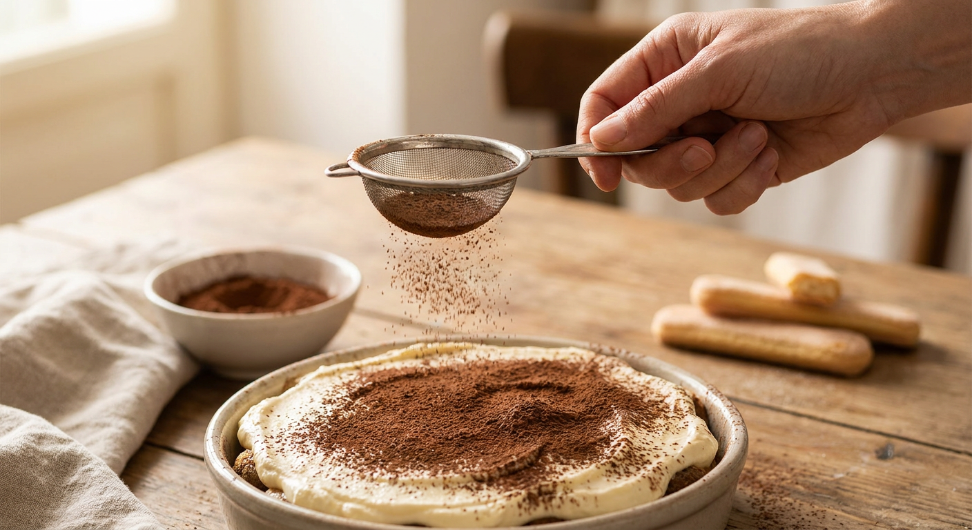 A tiramisu tetejének megszórása sötét kakaóporral szitán keresztül