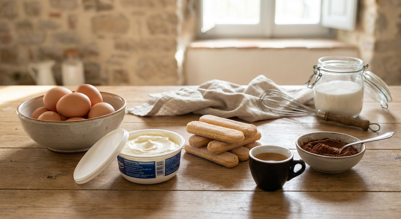 A tiramisu friss hozzávalói: mascarpone, tojás, babapiskóta és kávé