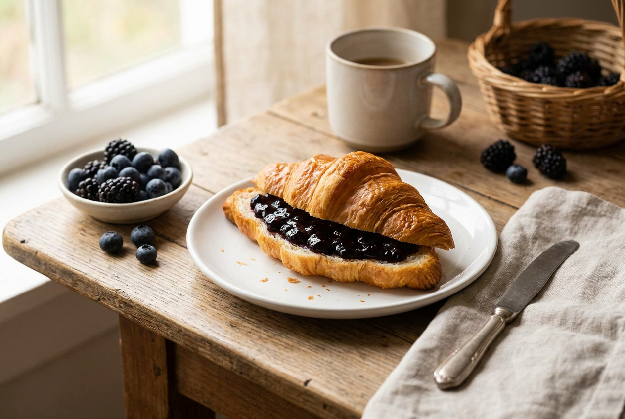 Áfonyalekváros friss croissant reggelire