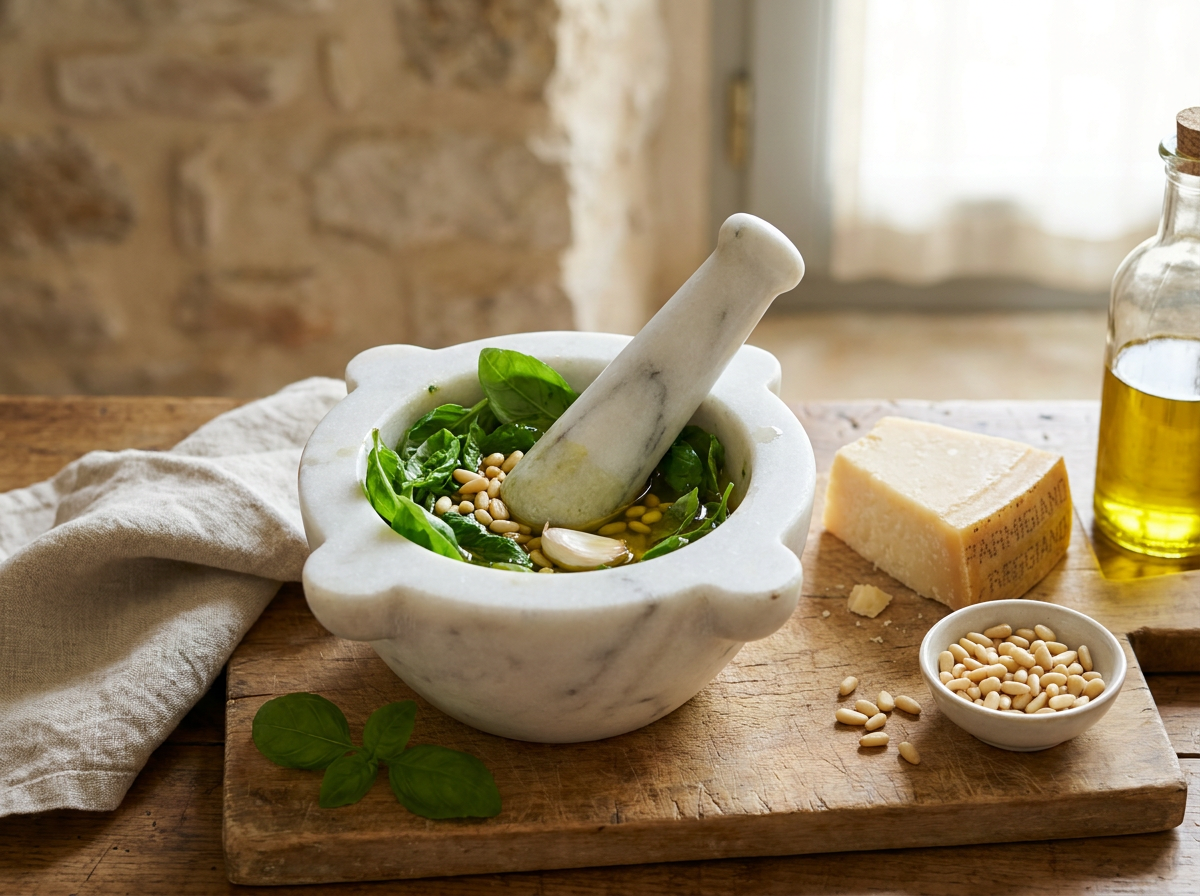 A klasszikus genovai zöld pesto elkészítése friss bazsalikommal és mozsárral