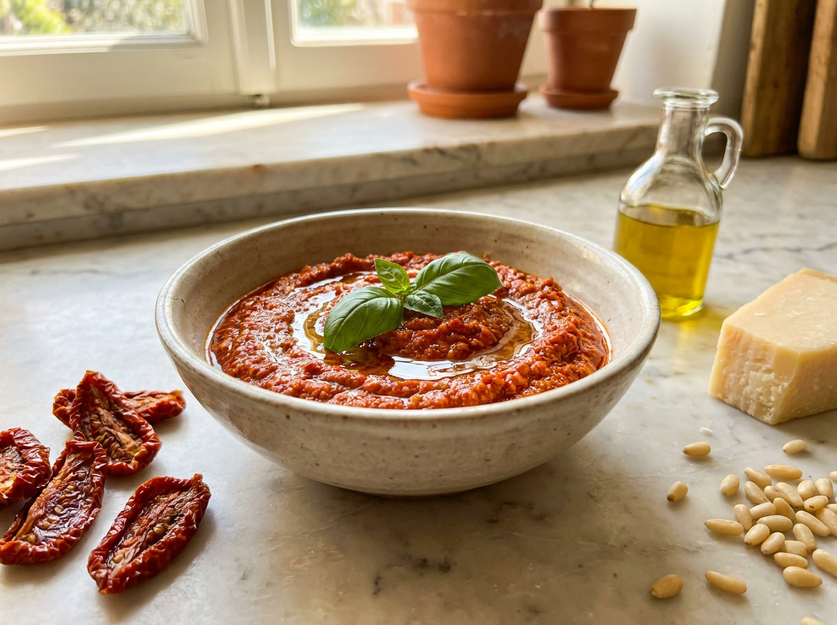Karakteres piros pesto aszalt paradicsomból kerámiatálban