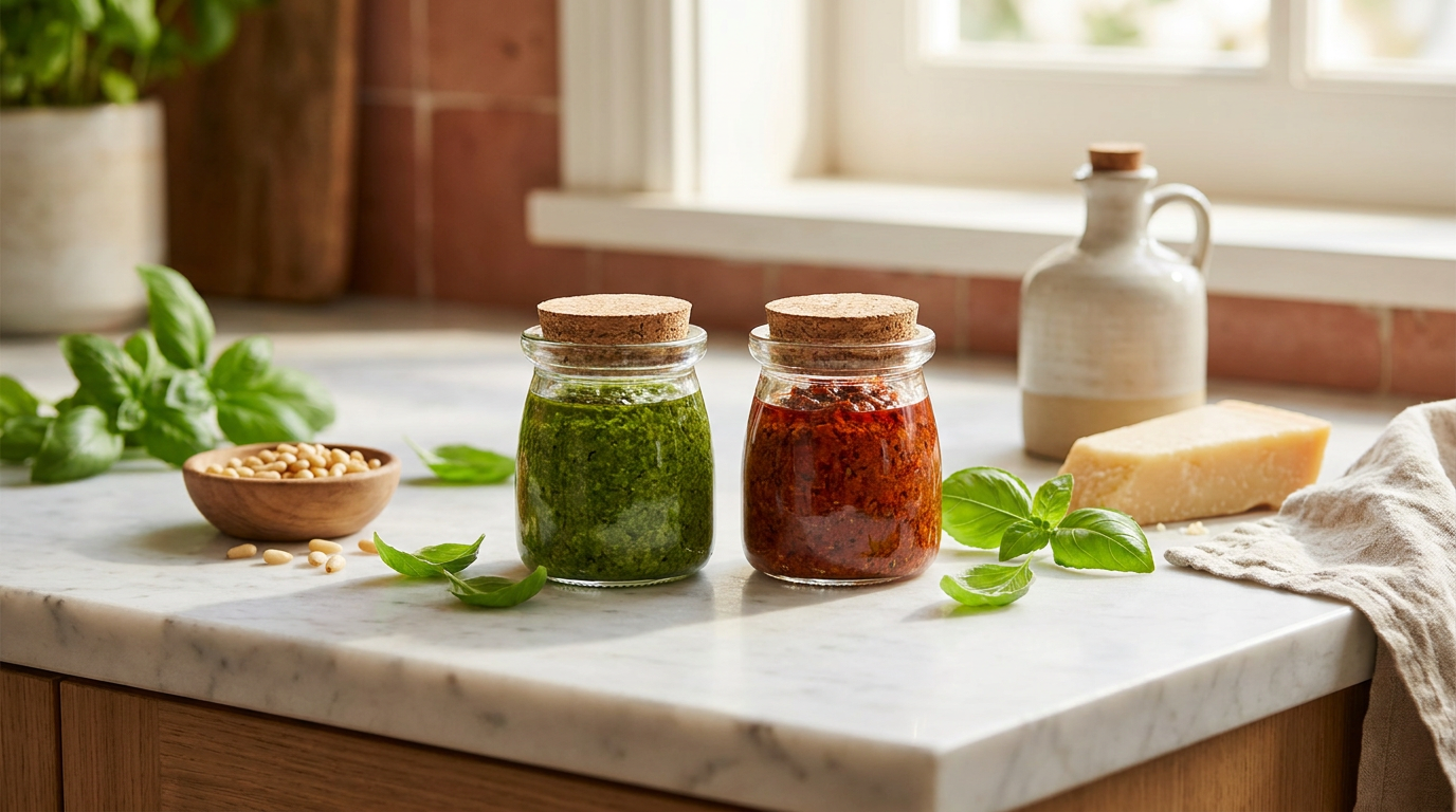 Friss zöld bazsalikomos pesto és piros aszalt paradicsomos pesto üvegben