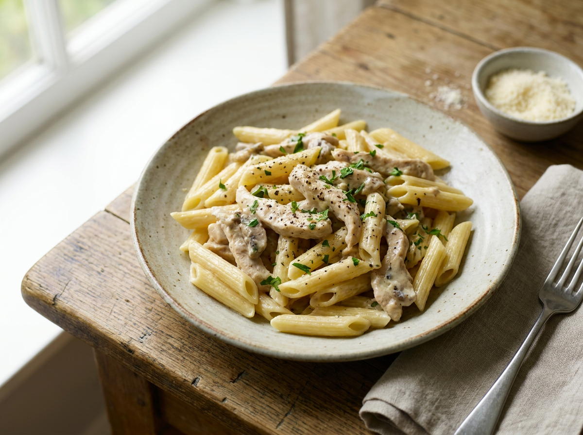 Krémes tejszínes gombás csirkemell durum penne tésztával és parmezánnal tálalva