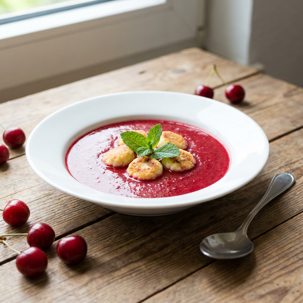 Hűsítő hideg meggyleves mini túrógombóccal fehér porcelántálban