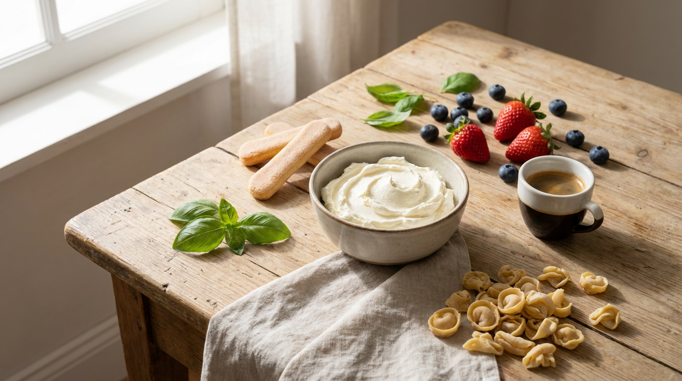 Friss mascarpone krémsajt és olasz kulináris alapanyagok konyhai asztalon