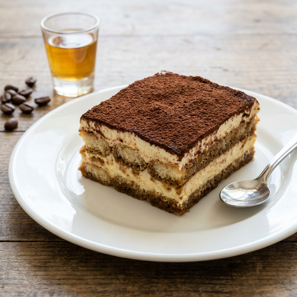Klasszikus olasz tiramisu rétegekkel és kakaópor szórással