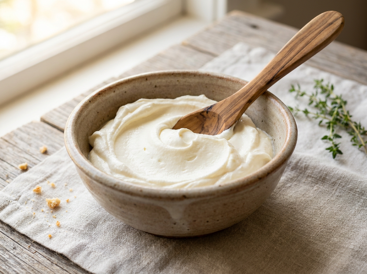 Selymes fehér mascarpone krémsajt rusztikus kerámia tálban fakanállal