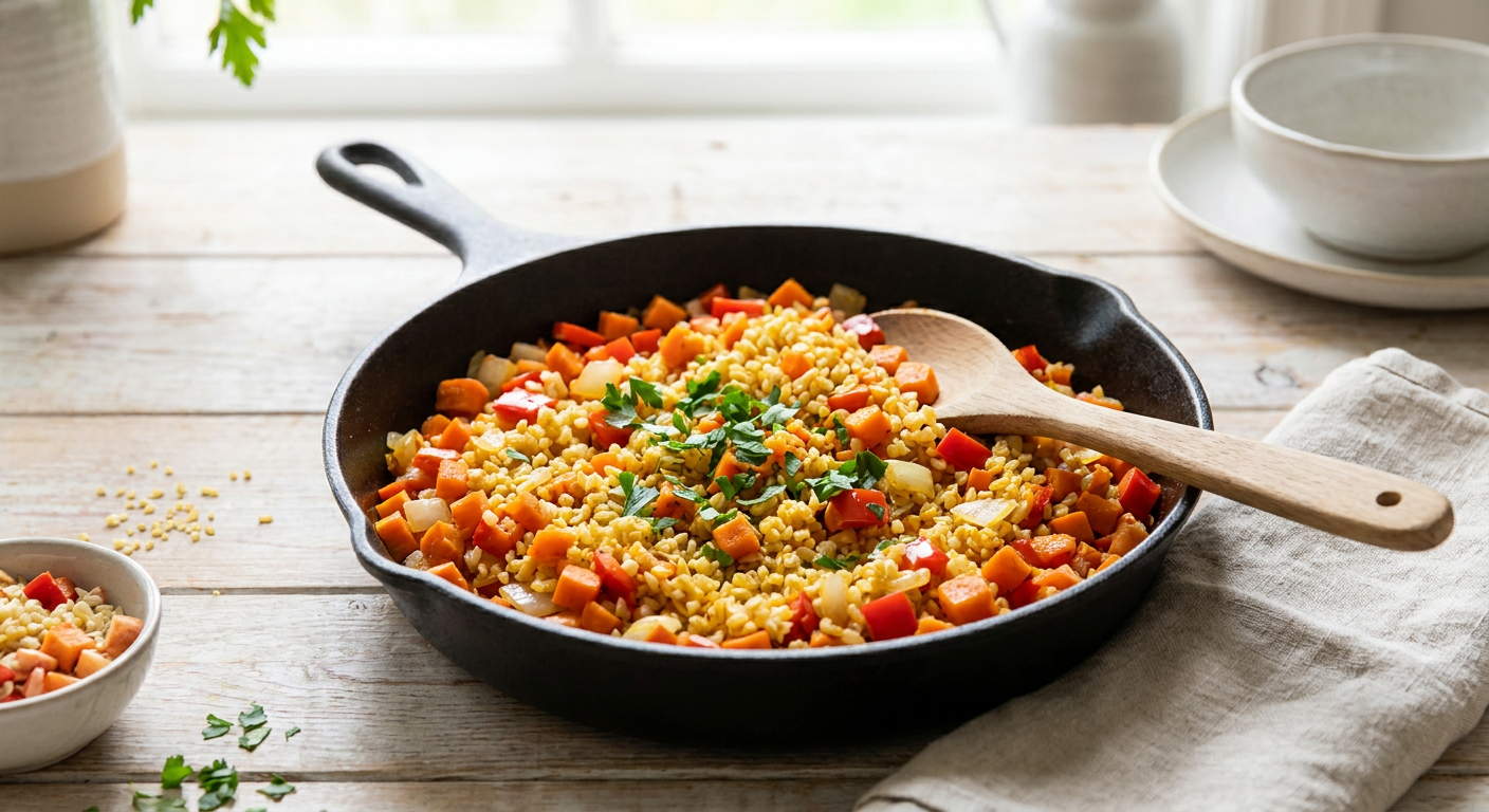 Zöldségekkel serpenyőben pirított aranyszínű bulgur