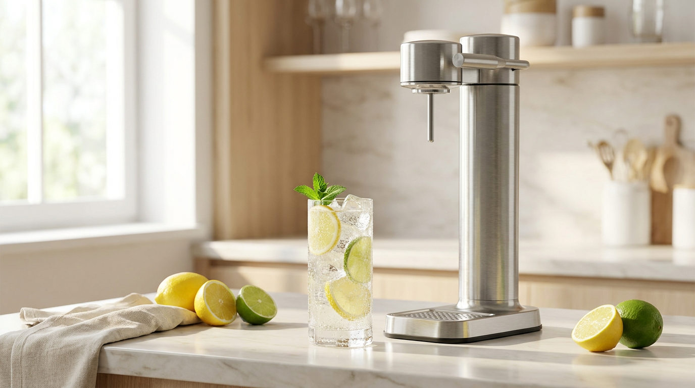 Frissítő házi szénsavas limonádé és szódagép a konyhapulton