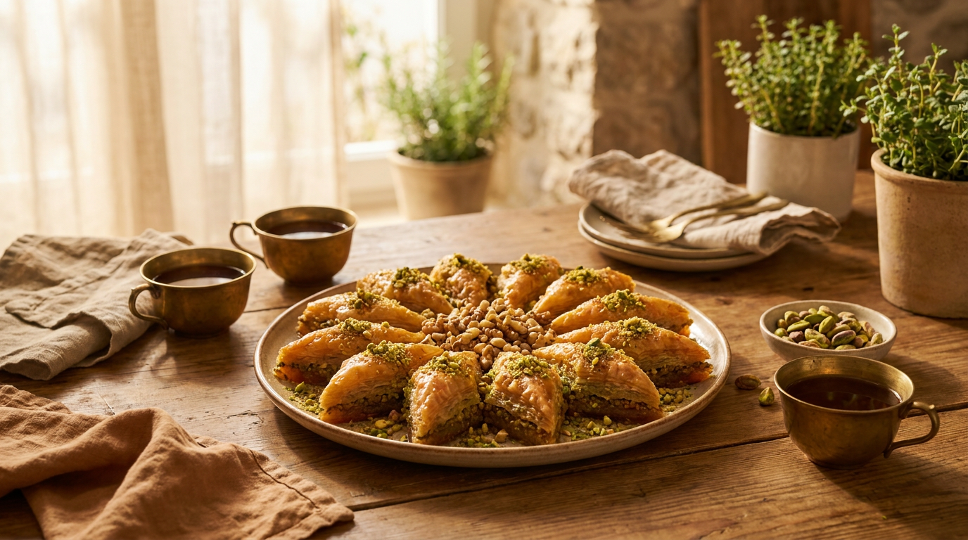 Aranyló réteges házi török baklava tálcán pisztáciával megszórva
