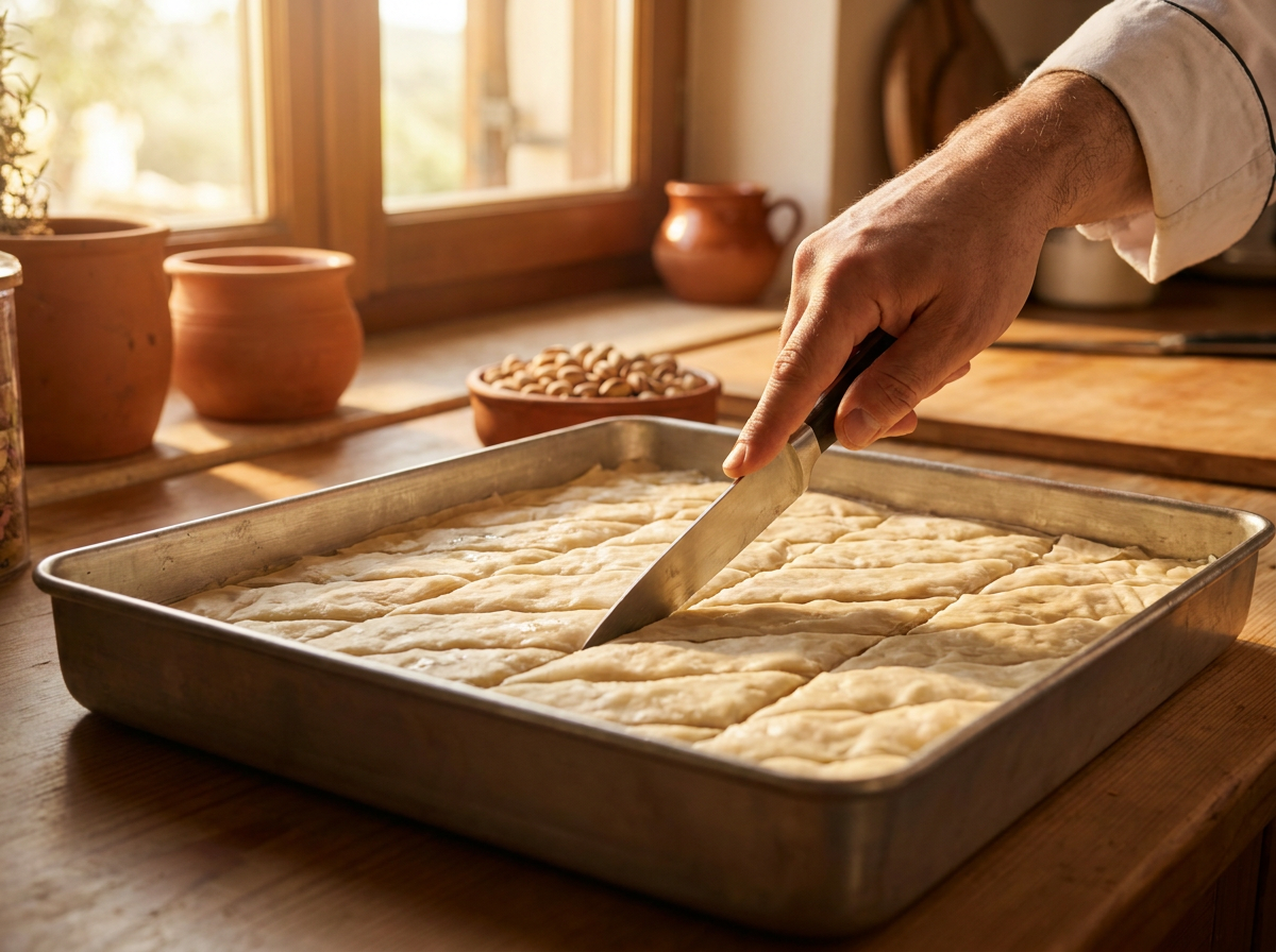 Baklava szeletelése rombusz mintára éles késsel nyers állapotban