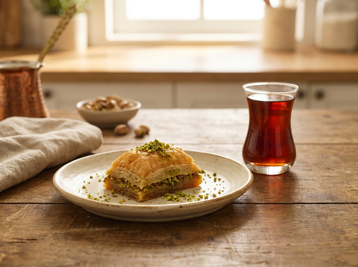 Rombusz alakú török baklava szelet tálalva forró török teával tulipán alakú pohárban