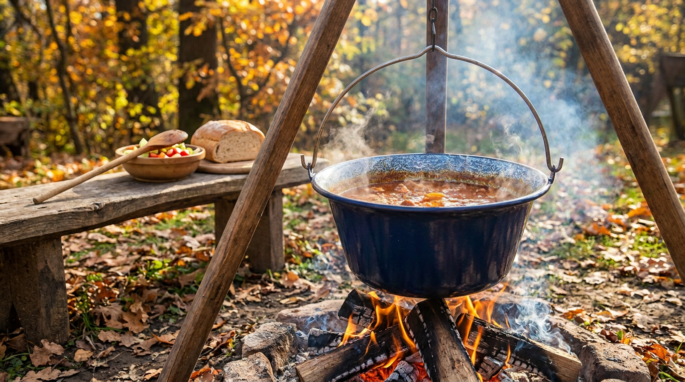 Bográcsban ropogó fahasábok felett gőzölgő tradicionális gulyásleves