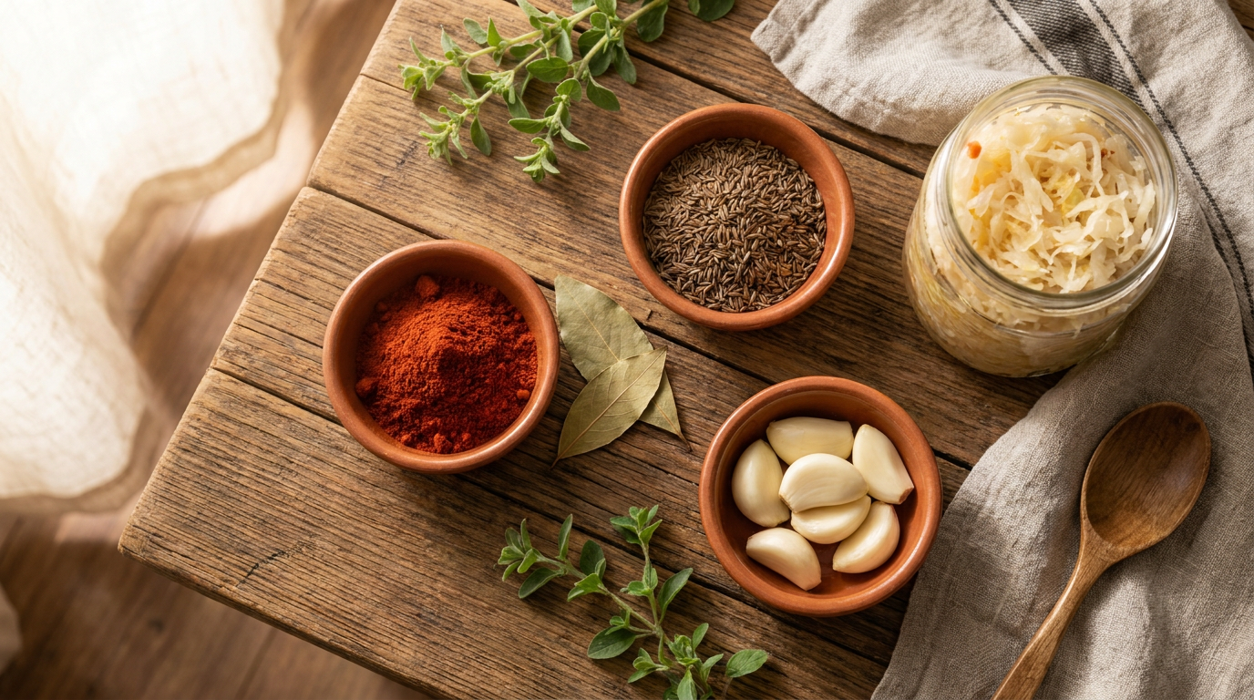 Tradicionális fűszerek tálkákban: pirospaprika, kömény, fokhagyma és babérlevél