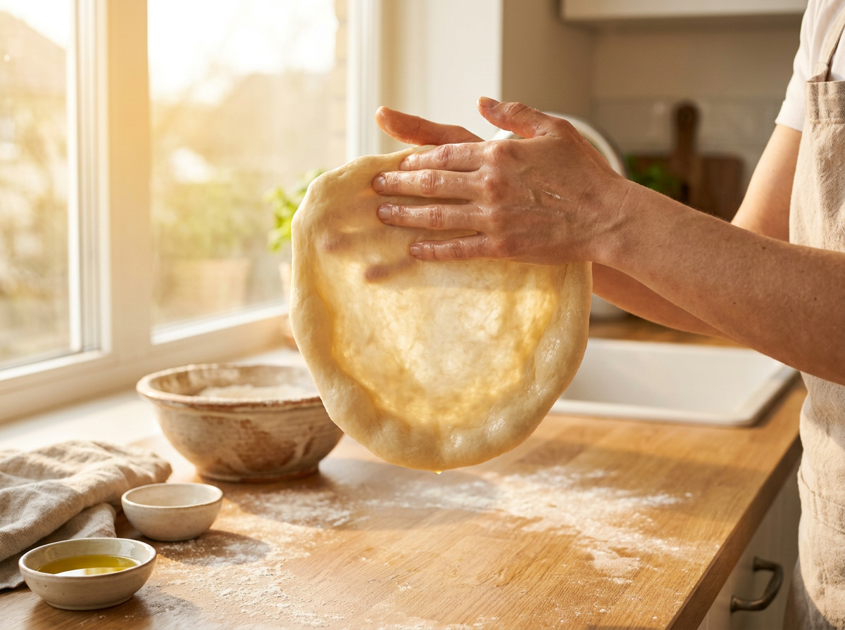 Olajos kézzel levegőben formázott kör alakú lángos tészta