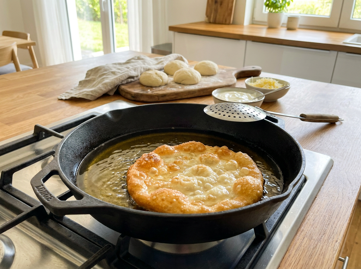 Mély serpenyőben aranysárgára sülő buborékos lángos