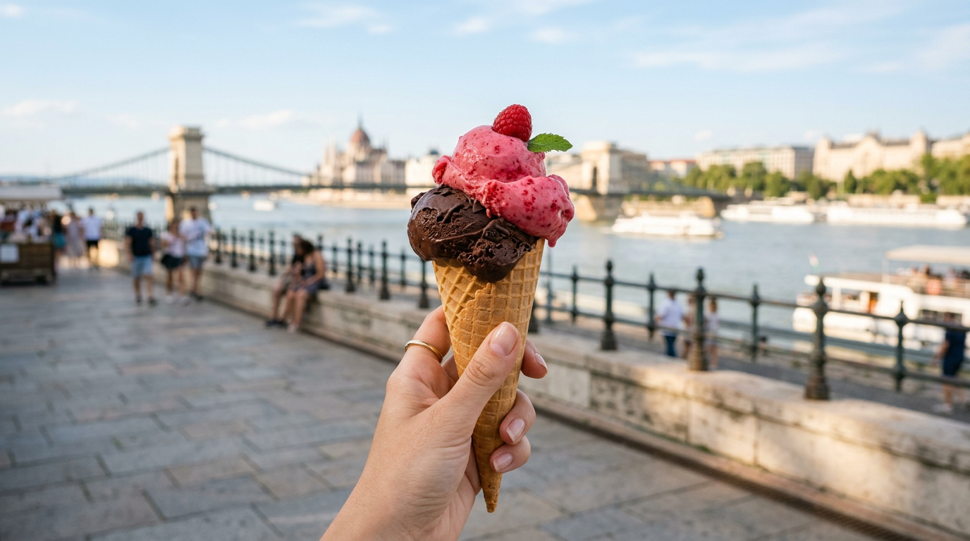 Kézműves fagylalt a budapesti Duna-parton napfényes délutánon