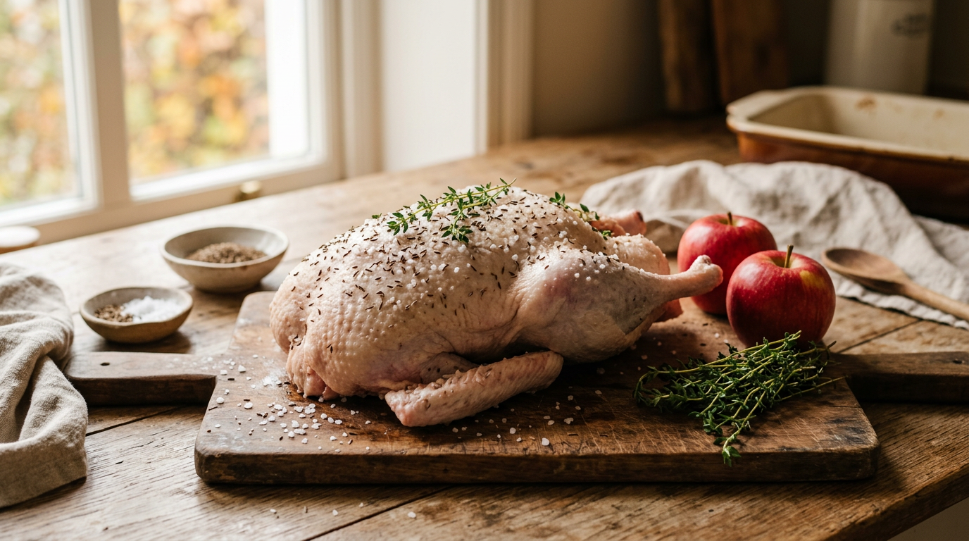 A libahús előkészítése és fűszerezése durva sóval, majorannával és fokhagymával