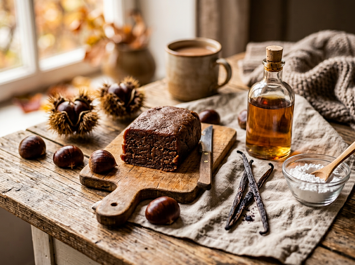 Természetes gesztenyemassza, szelídgesztenye szemek, aranybarna rum és vaníliarúd rusztikus deszkán