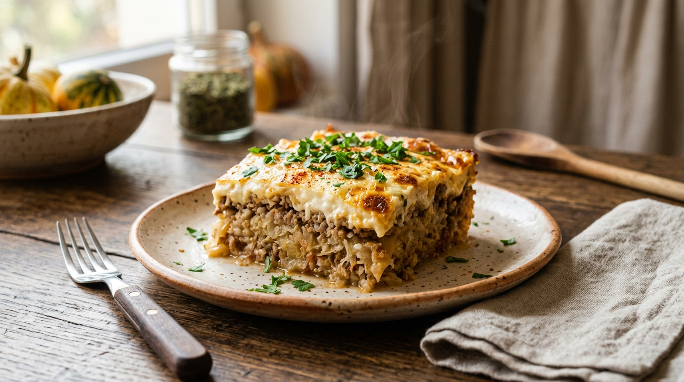 Tökéletesen átsült, szaftos rakott káposzta szelet tányéron friss tejföllel