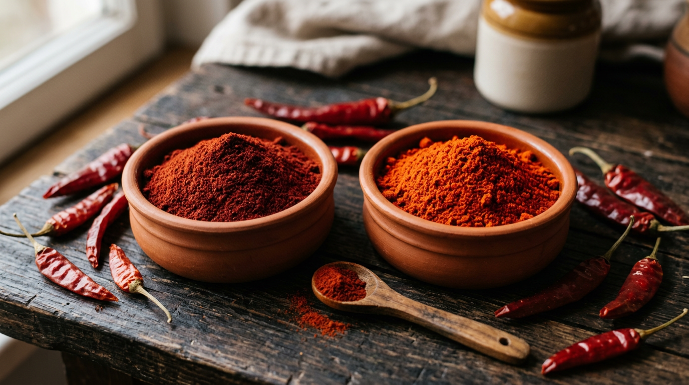 Édesnemes és csípős magyar fűszerpaprika összehasonlítása kézműves tálkákban és szárított paprikákkal