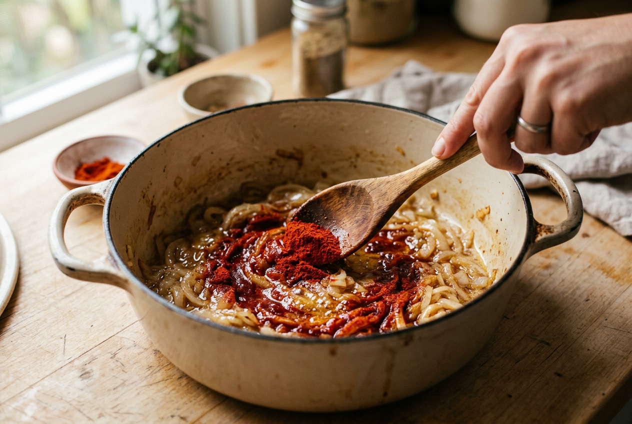 Fűszerpaprika belekeverése a tűzről lehúzott párolt hagymás zsiradékba