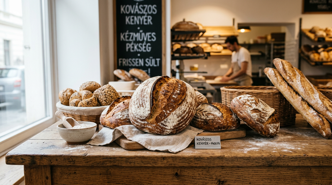 Budapesti kézműves pékség rusztikus pultja frissen sült vadkovászos kenyerekkel